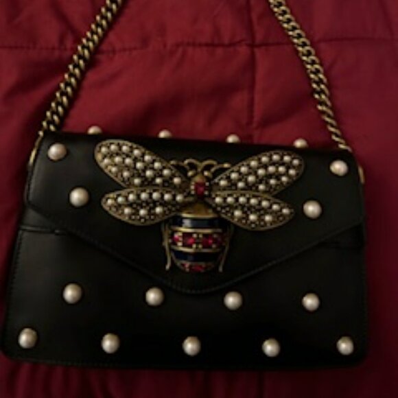 GUCCI BROADWAY PEARLY BEE SHOULDER BAG - BLACK LEATHER - Picture 1 of 5